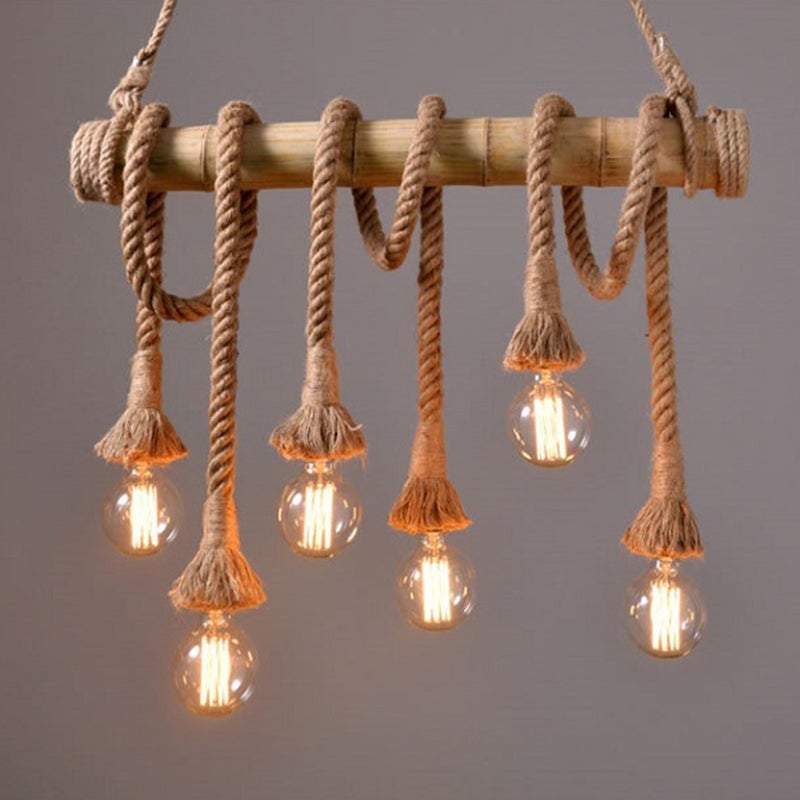 Industrial Vintage Island Pendant Light with Rope Wood Decoration detail